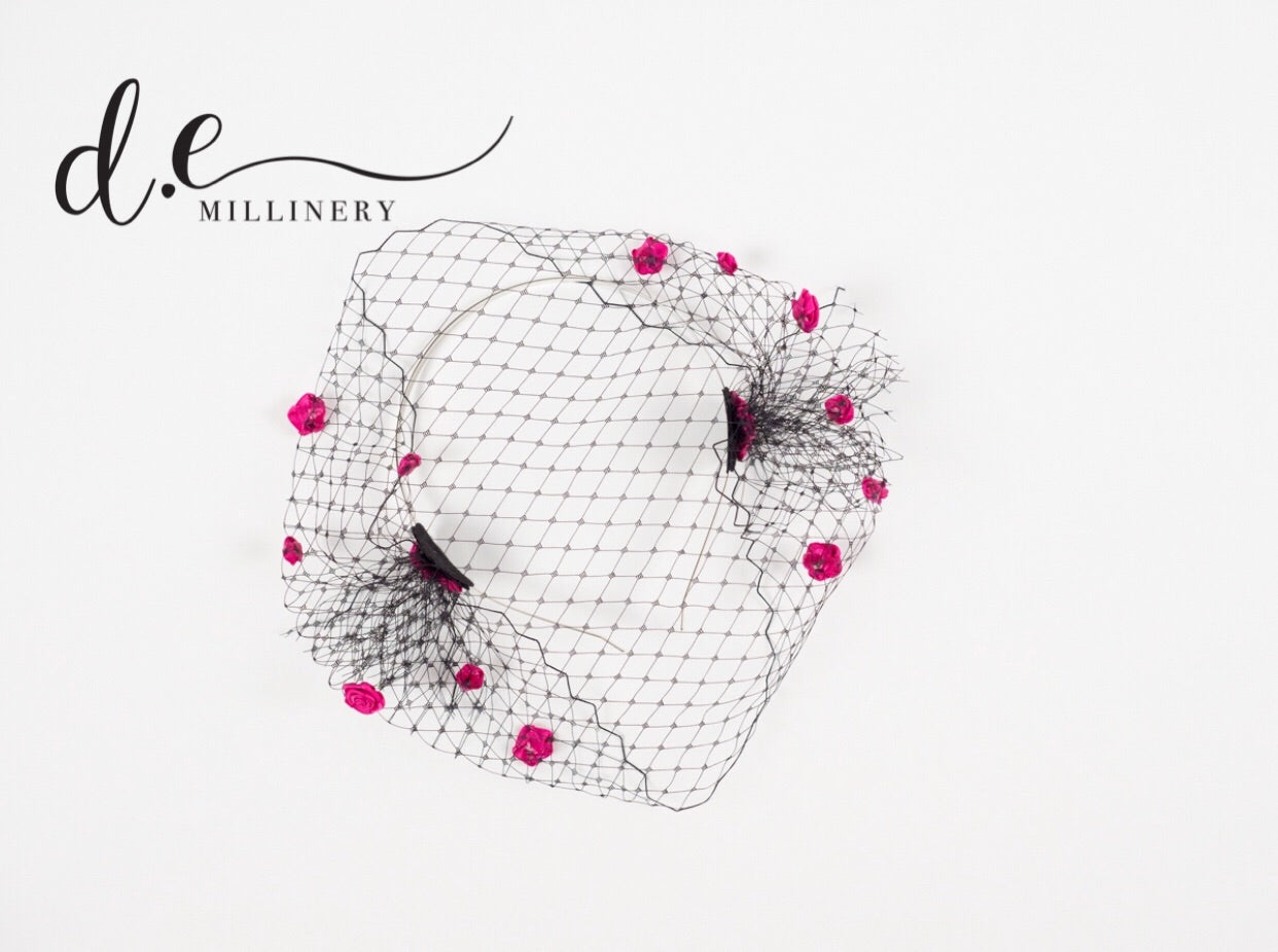 BIRD CAGE VEIL WITH SILK ROSES